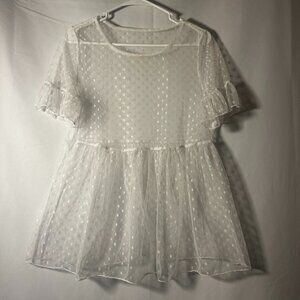 SHEIN White Swiss Dot Sheer Babydoll Top Size M Ruffle Sleeve Mesh Blouse